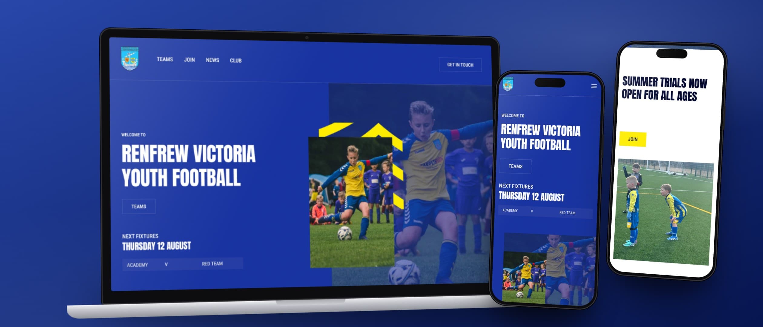 Renfrew Victoria Youth FC homepage on desktop and mobile