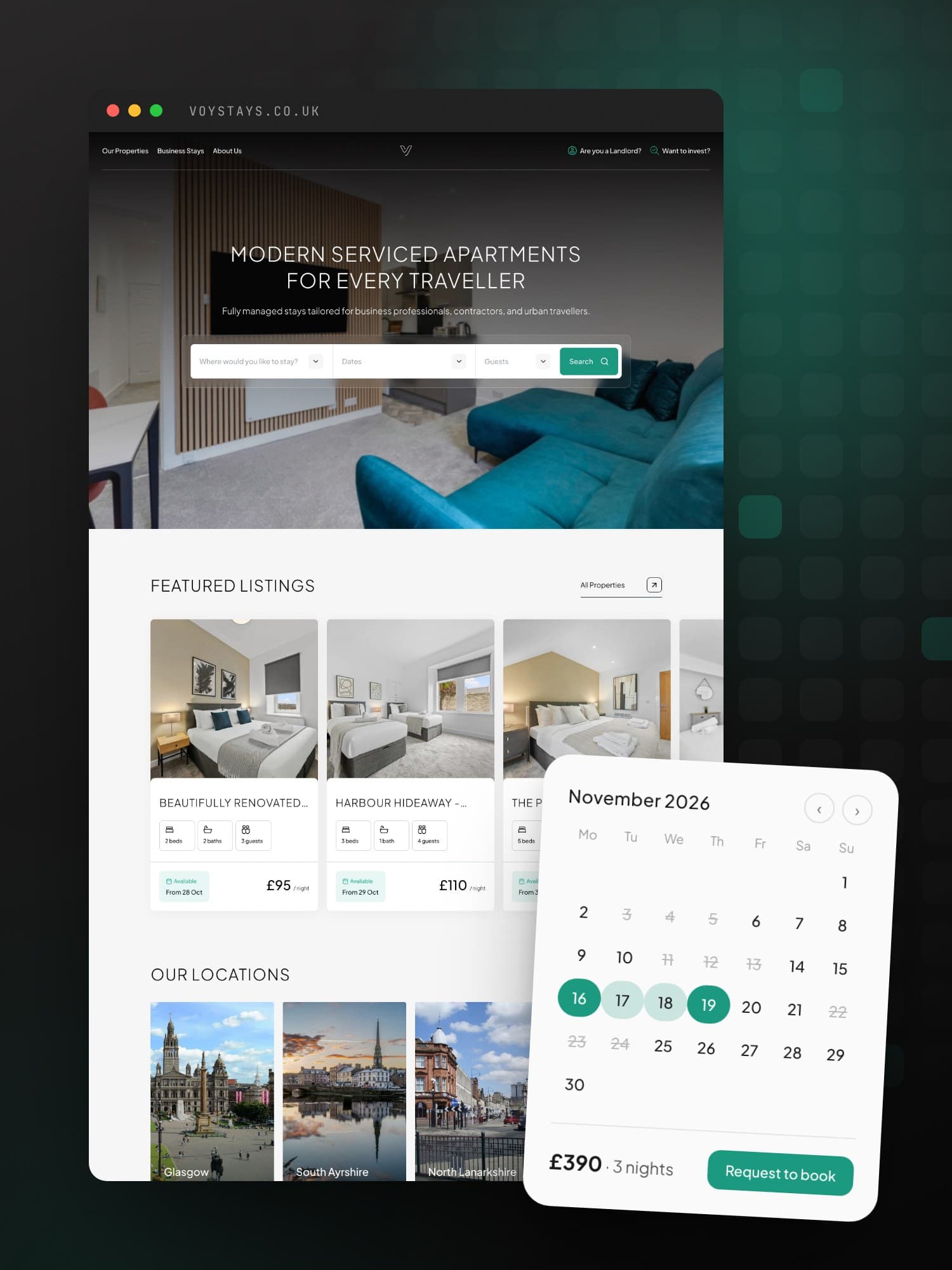 Voy Stays desktop and mobile pages, full length