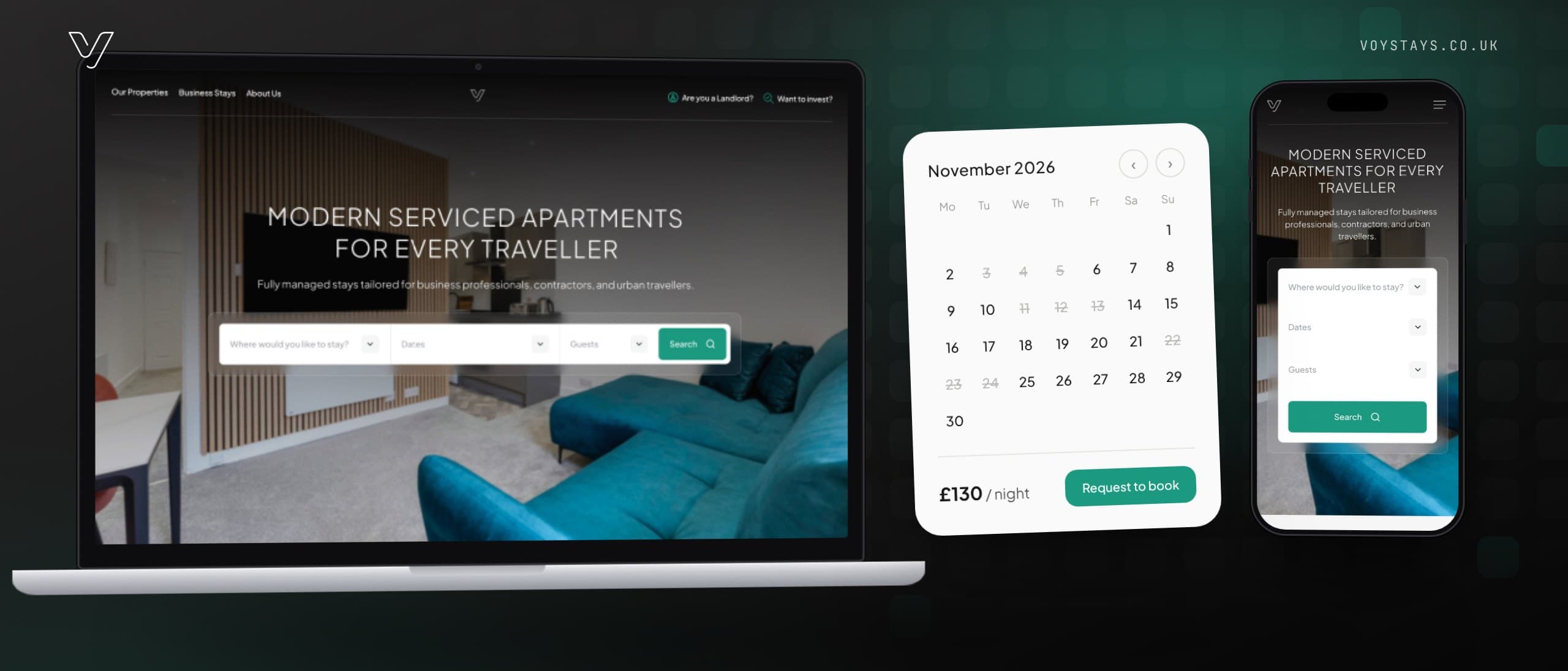Voy Stays homepage and property pages on desktop and mobile